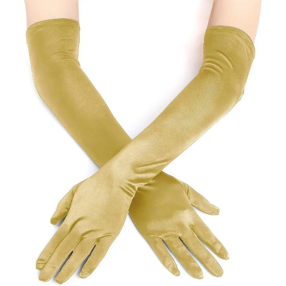 Women's Smooth Dark Gold Long Satin Gloves Elbow Length Party Costume Accessory